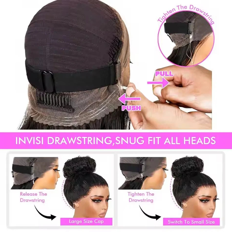 Invisi Draw-strings Kinky Straight 360 Glueless Wig PreCut Lace InvisiFit Strap Wear Go Wig Hidden Strap 360 Full Lace Front Wig
