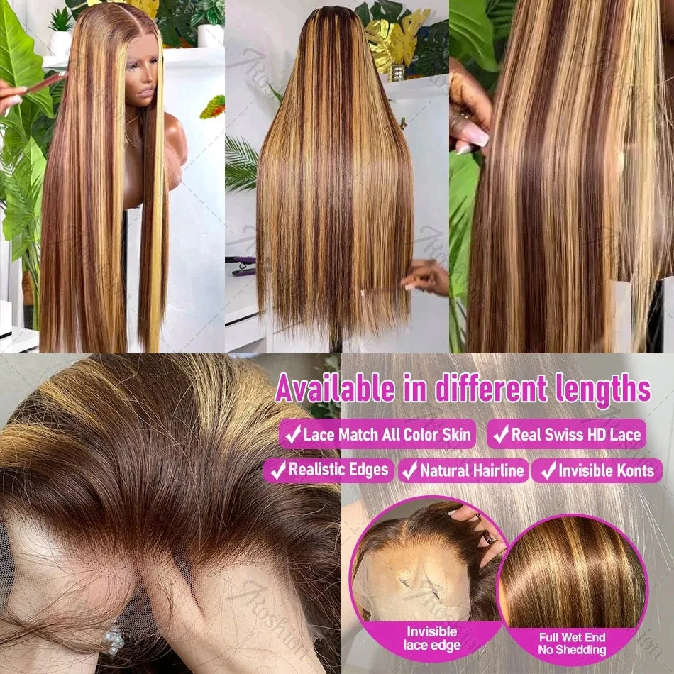 Highlight Colored Straight Lace Front Human Hair Wigs Honey Blonde 13X4 13x6 HD Transparent Lace Frontal Wigs For Black Women