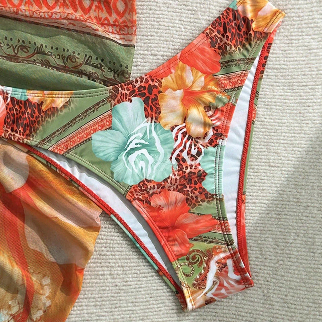 Orange Flower Print Swimwear Halter String Triangle Bikinis Sets 3 Piece Cover Ups Sexy Swimsuit Women 2026 Beach Wear Bikini