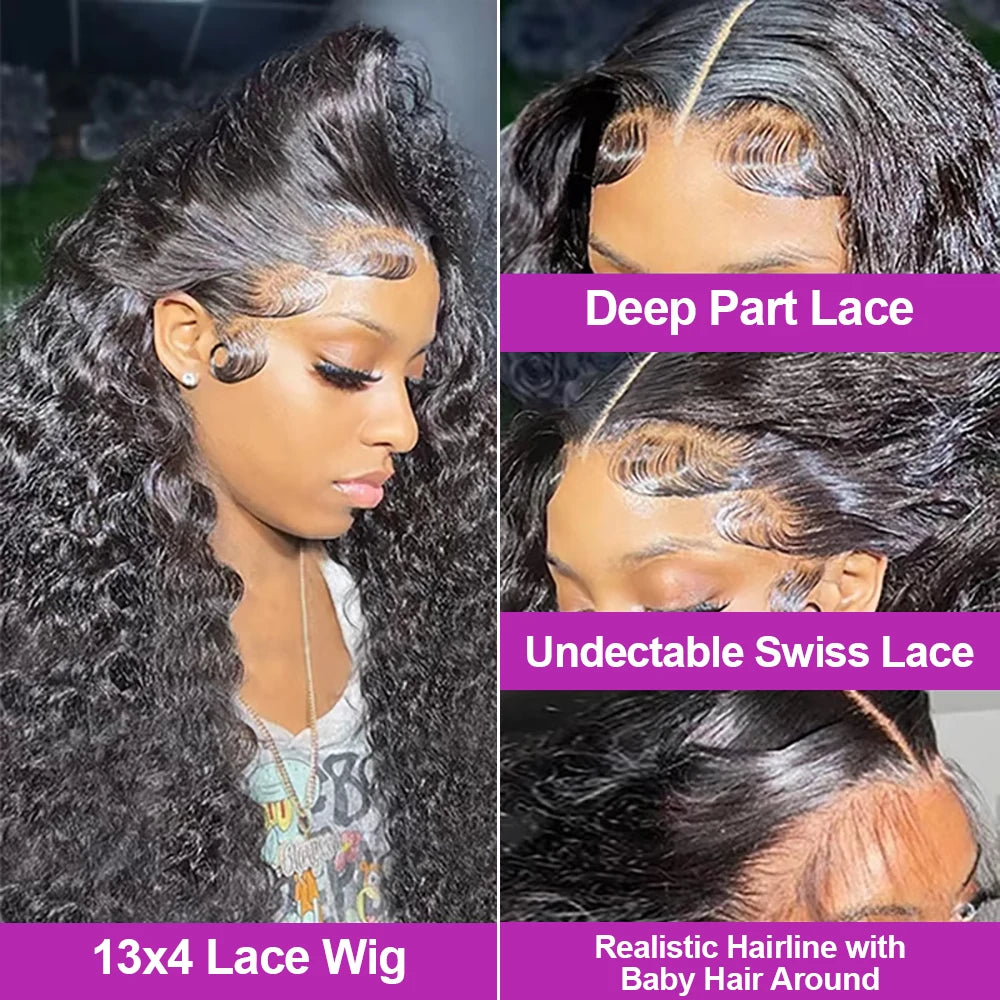 46 inch Hd Lace 13x4 13x6 Curly Deep Wave Frontal Wig Brazilian Curly Human Hair Wig Loose Water Wave Wig For Women 300 Density