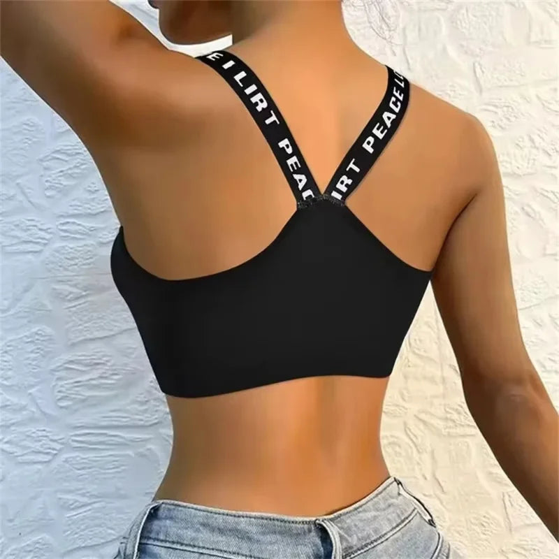 Women's Wireless Sports Yoga Crop Top – Seamless Activewear with Wide Letter Straps