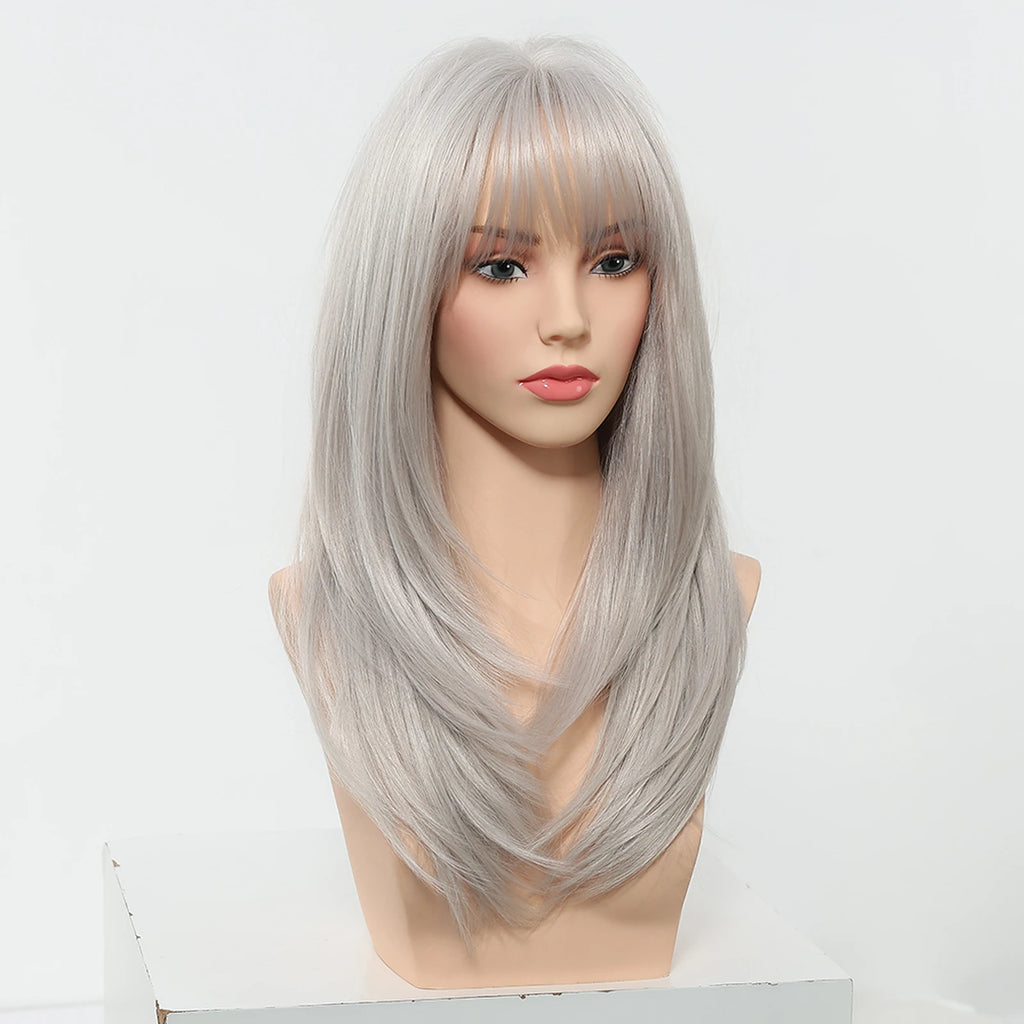 EASIHAIR Long Straight Gray White Synthetic Layered Wig with Bangs for Women Girls Natural Hair Cosplay Party Wig Heat Resistant