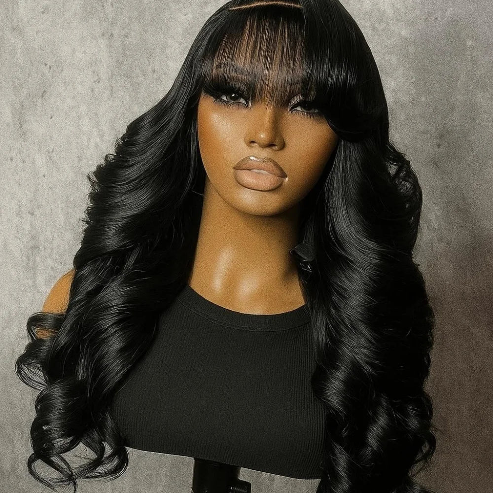 Body Wave Wigs with Bangs 3x1 Middle Part Lace Wig Human Hair Pre Plucked Body Wave Real Human Wigs with Bangs for Women 34 Inch