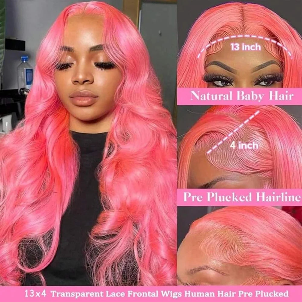 13x6 Pink Body Wave Lace Front Wigs For Women Long Wavy Hair Wig Soft Lace Wig With Natural Hairline Human Hair Party Cosplay
