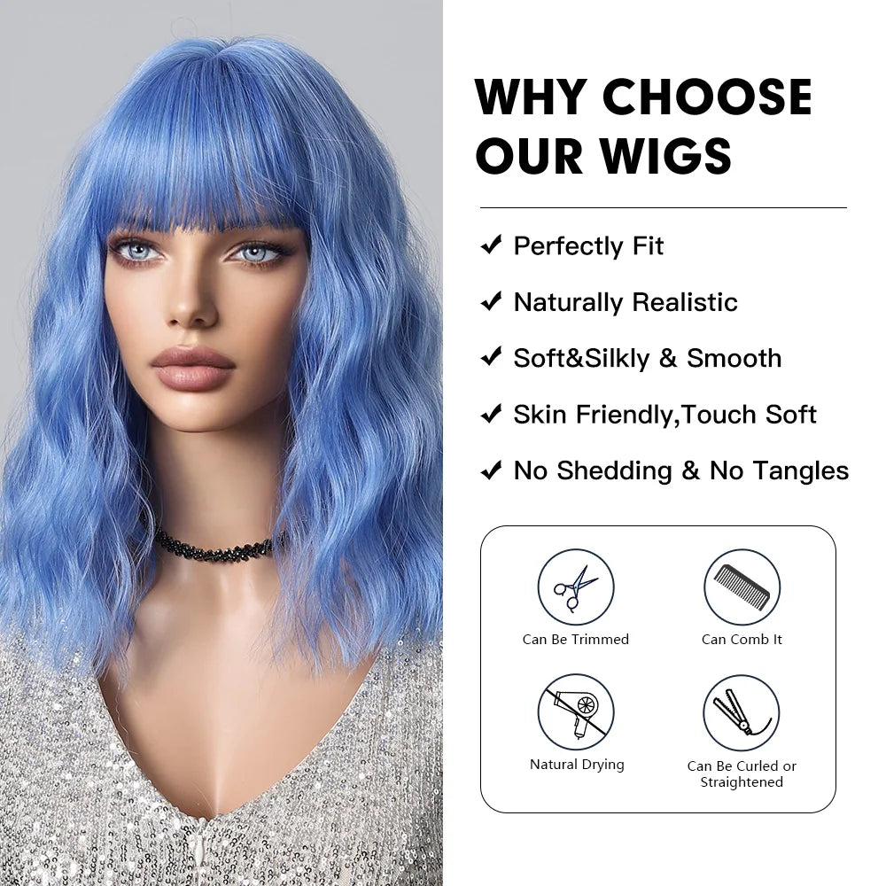 Sky Blue Short Bob Wigs for Women Synthetic Wavy Curly Wigs with Bangs Cosplay Halloween Blue Wig Natural Heat Resistant Hair