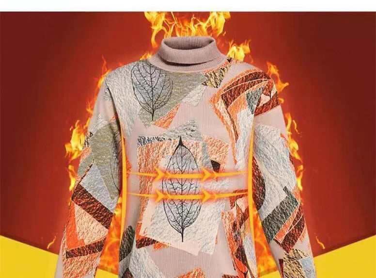 Women's Clothing 2022 Casual Plant Printed T-shirt Autumn Winter Fleece Warm Thick Fashion Knitted Spliced Turtleneck Pullovers