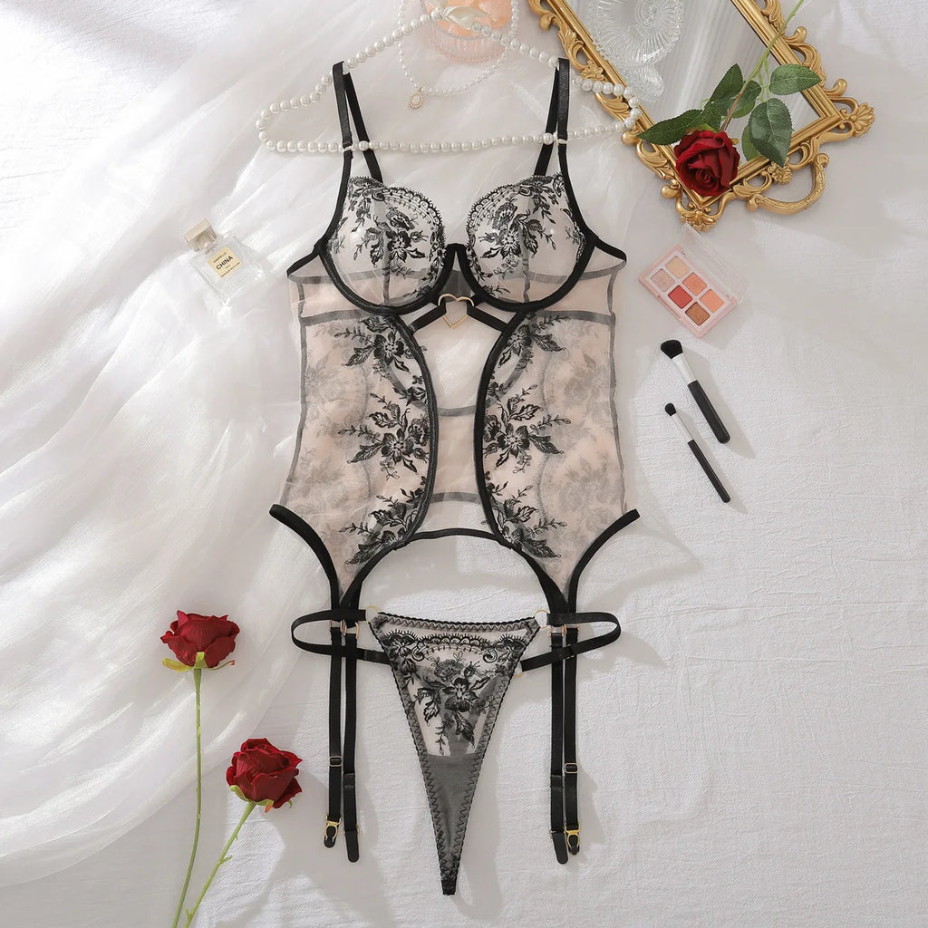Embroidered Floral Lace Bodysuit Lingerie Set – Sexy Bra & Brief Underwear