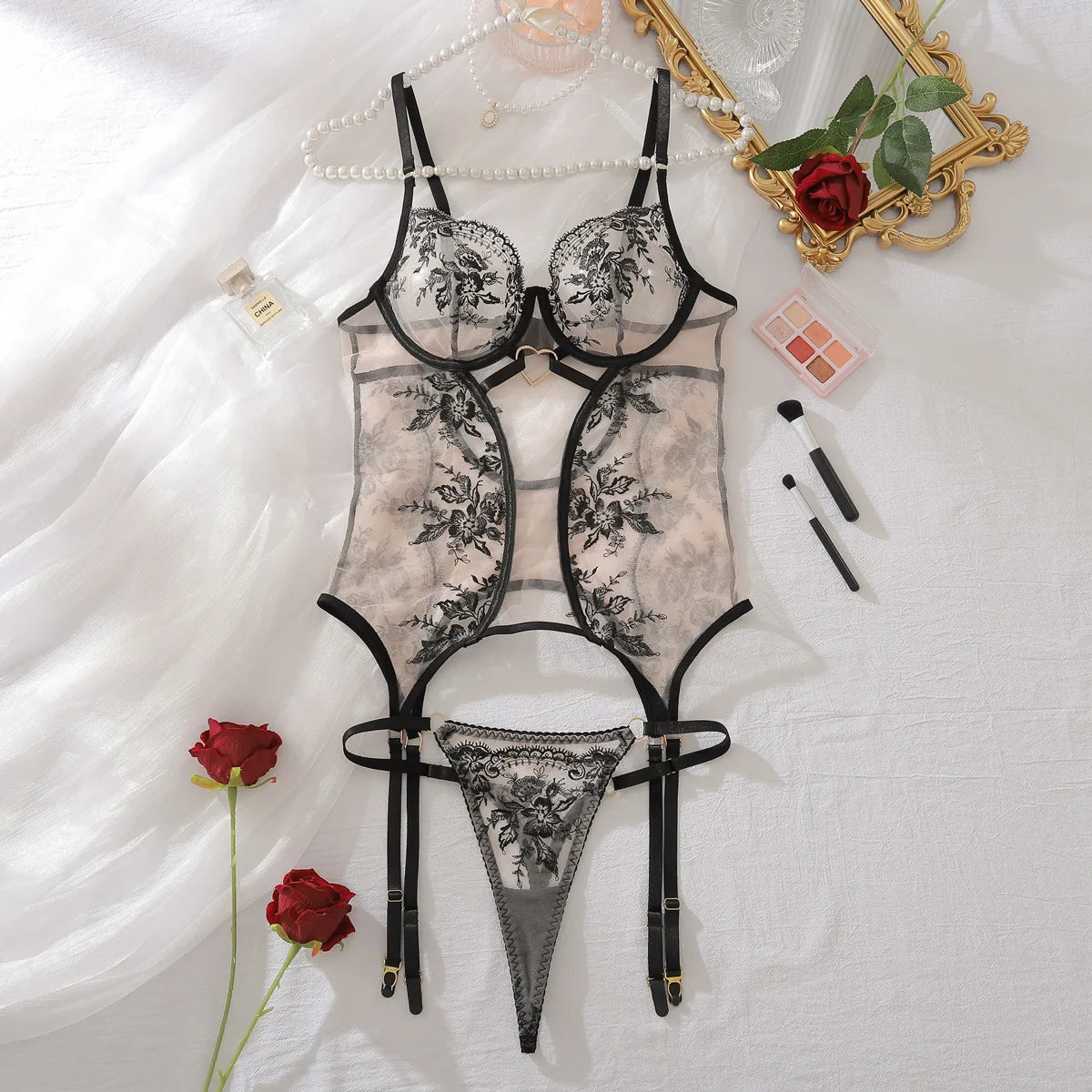 Embroidered Floral Lace Bodysuit Lingerie Set – Sexy Bra & Brief Underwear