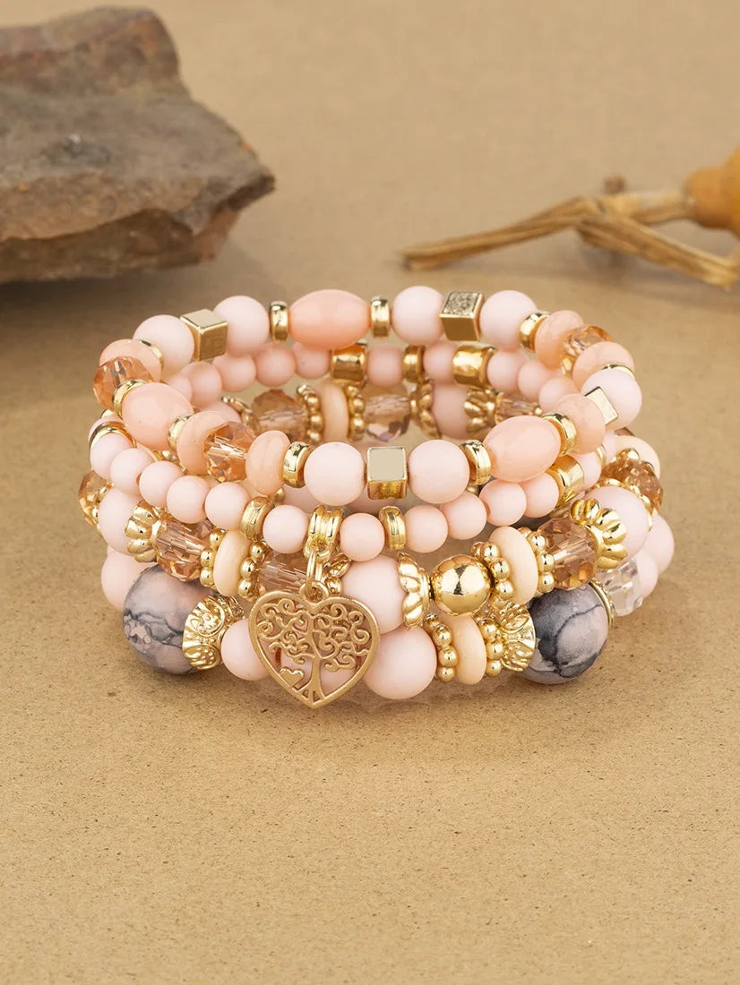 New Acrylic Beads Chain Bracelet Set For Women Tree Of Life Charm Elastic Bangle Female Bohemian Jewelry Accessories