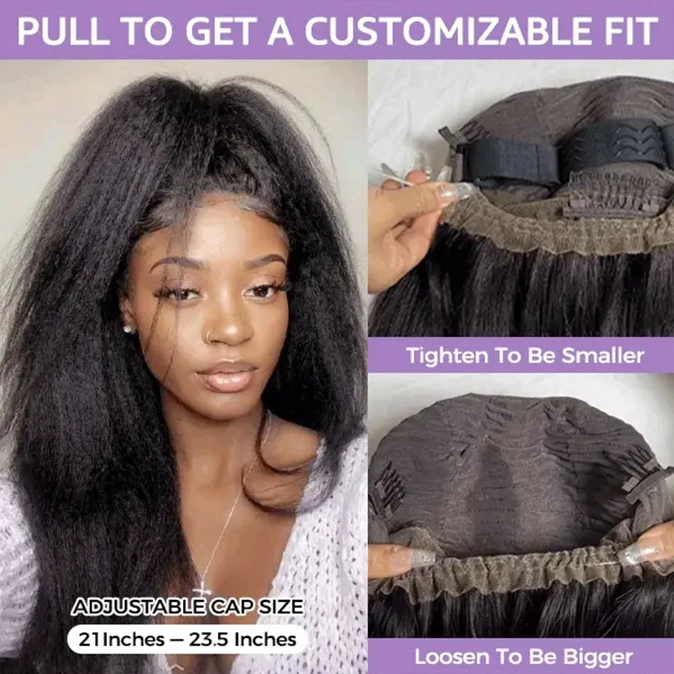 Invisi Draw-strings Kinky Straight 360 Glueless Wig PreCut Lace InvisiFit Strap Wear Go Wig Hidden Strap 360 Full Lace Front Wig
