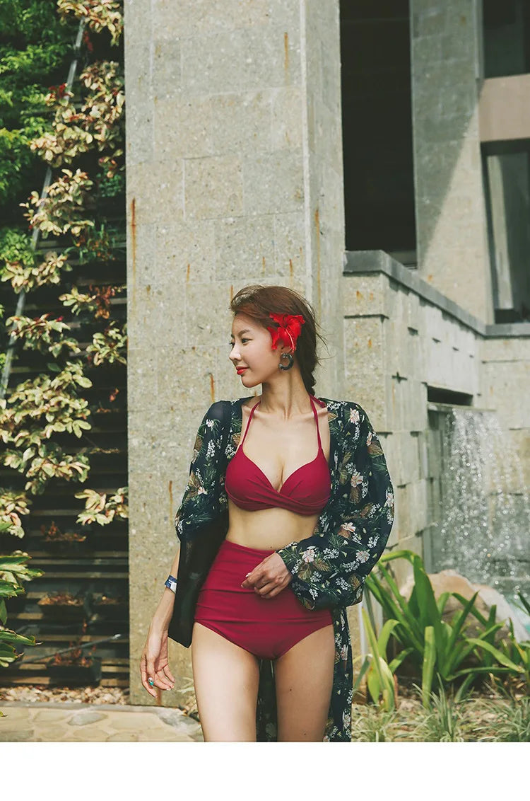 2024 Women's Swimwear Female Swimsuit Red Padded Triangle Bathing Suits Girls Korean High Waisted Bikini Set Beach Wear Swim