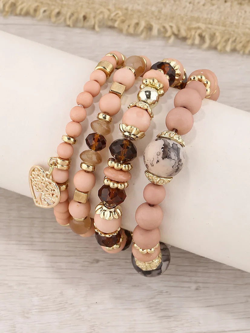 New Acrylic Beads Chain Bracelet Set For Women Tree Of Life Charm Elastic Bangle Female Bohemian Jewelry Accessories