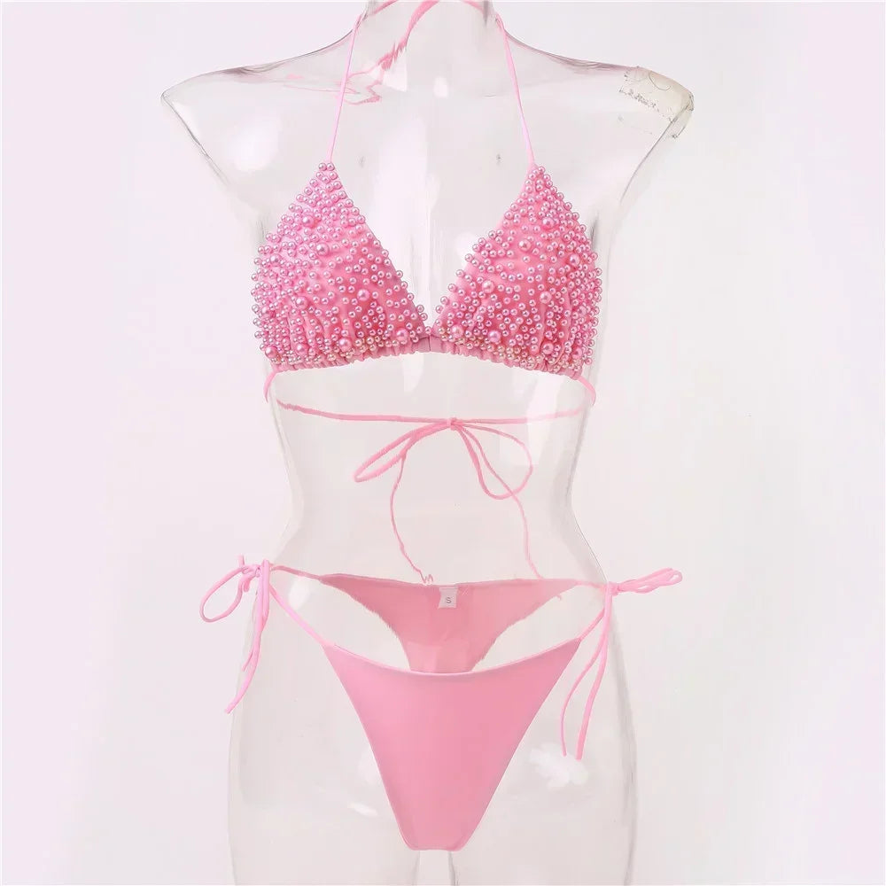 Pearl Bikini String Thong Swimsuit – Y2K Kawaii Two-Piece Swimwear