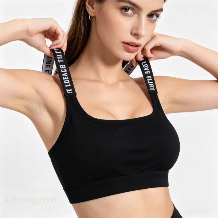 Women's Wireless Sports Yoga Crop Top – Seamless Activewear with Wide Letter Straps