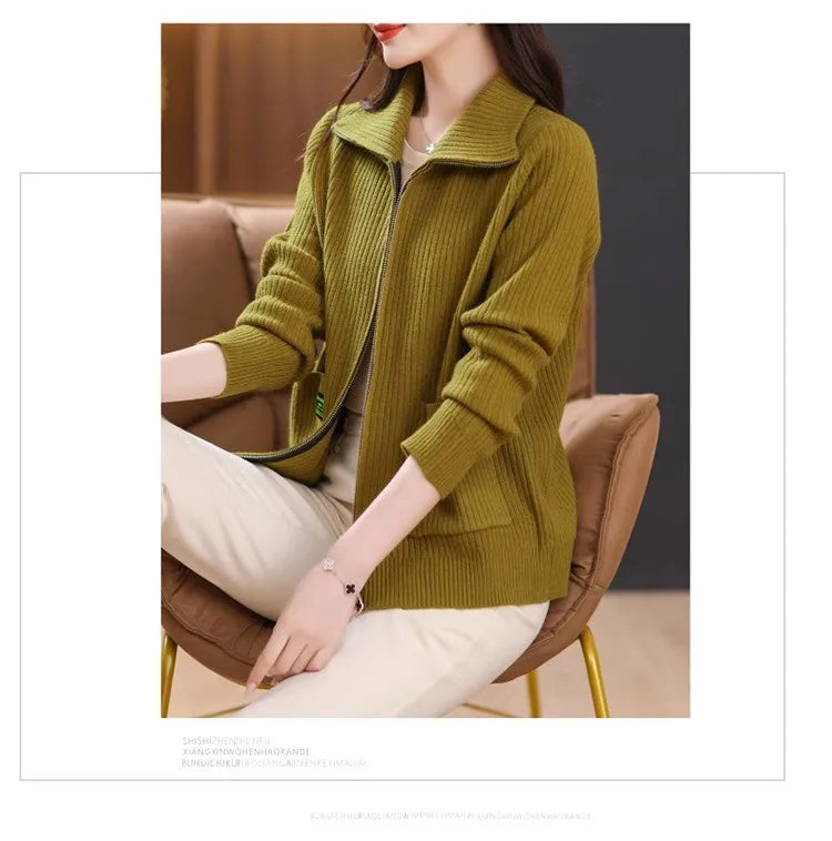 Knitted Cardigan Jacket Women Sweater New Autumn Winter Lapel Zipper Sweater Jacket Loose Solid Outerwear Female Sweatshirt Tops