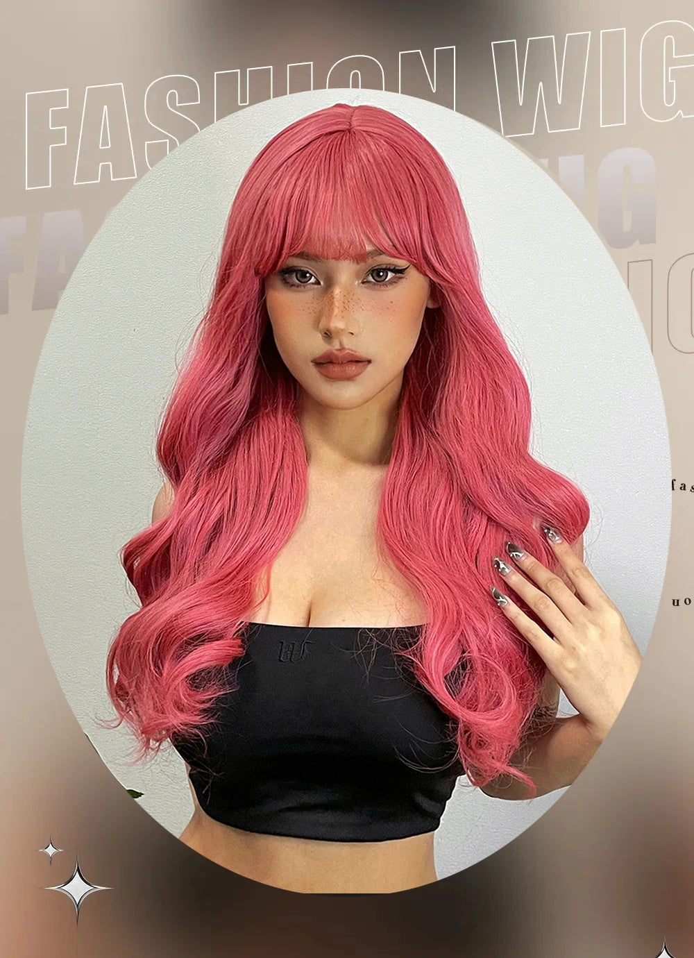 LOUIS FERRE Long Wavy Pink Synthetic Wigs with Bangs for Women Hot Pink Curly Heat Resistant Hair Wig for Cosplay Halloween Use