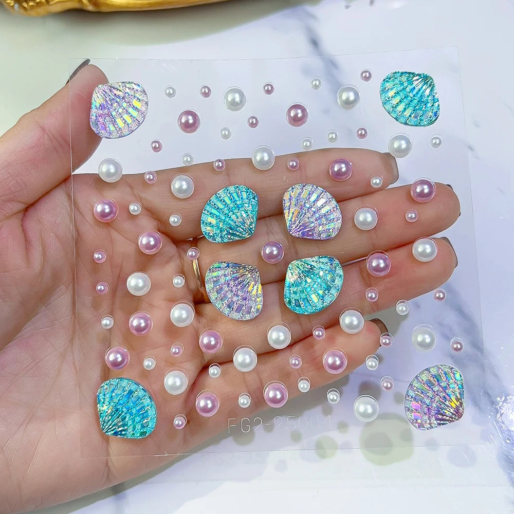 1Sheet 3D Dreamy Shell Pearl Gems Face Stickers Sparkling Mermaid Diamond Temporary Tattoos DIY Body Art Stage Makeup Rhinestone
