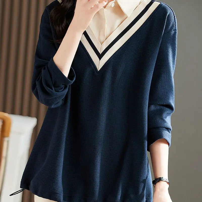 Women's Clothing 2022 Solid Loose T-Shirts Turn-down Collar Button Patchwork Autumn Winter Thin Preppy Style Casual Comfortable