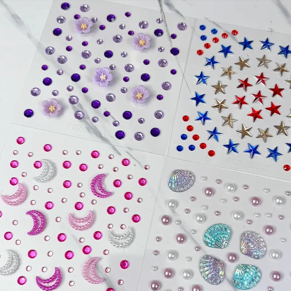 1Sheet 3D Dreamy Shell Pearl Gems Face Stickers Sparkling Mermaid Diamond Temporary Tattoos DIY Body Art Stage Makeup Rhinestone