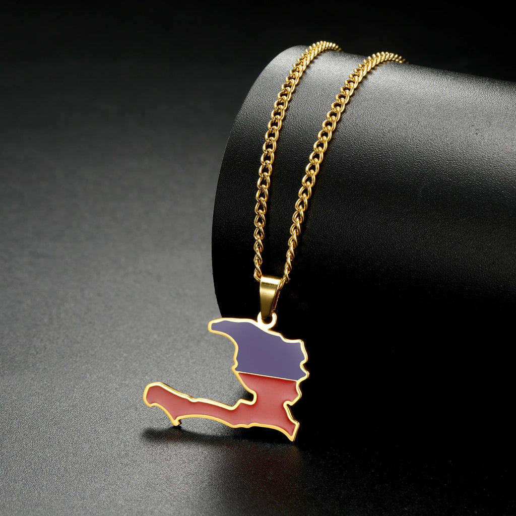Haiti Flag Map Pendant Necklace – Stainless Steel Haitian Pride Jewelry for Men & Women