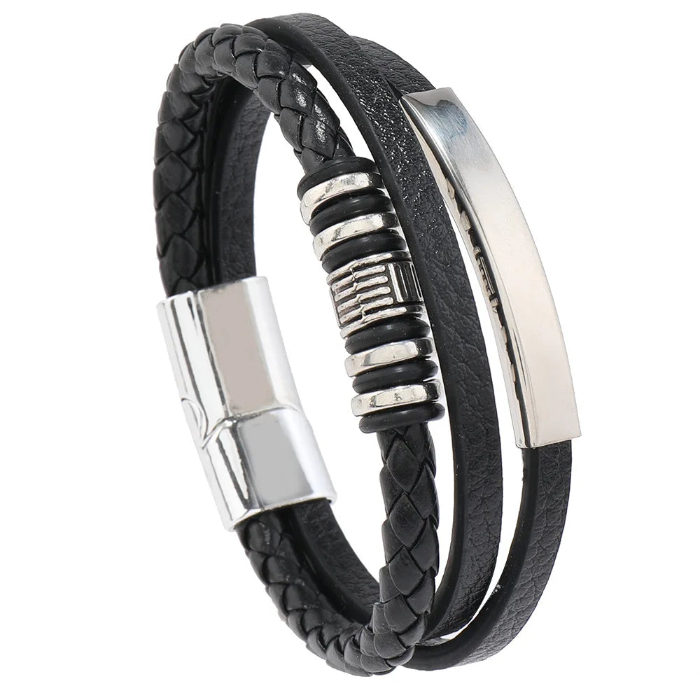 IFYOUOO Bracelet 21CM Multilayer Braided Rope Bracelets for Male Trendy Leather Bracelets For Men Stainless Steel Jewelry Gifts