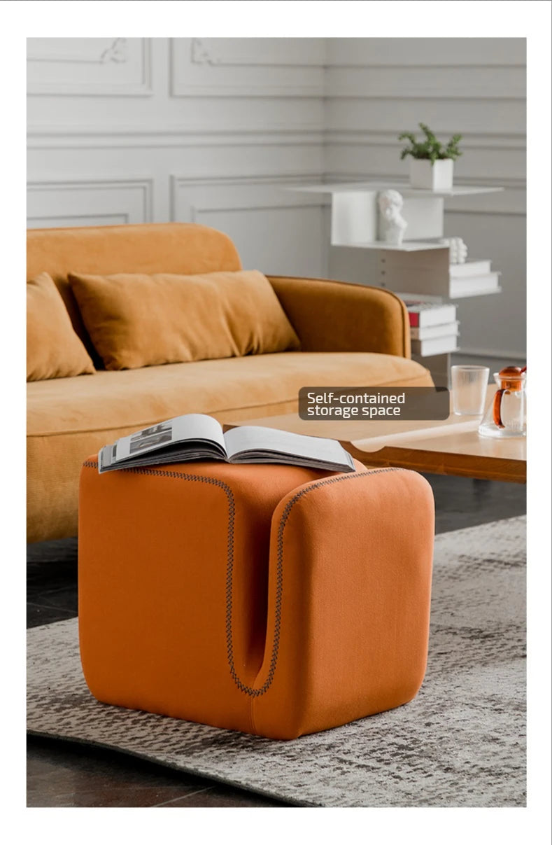 Nordic Hallway Pouf Ottoman – Fabric Shoe Changing Stool with Book Storage