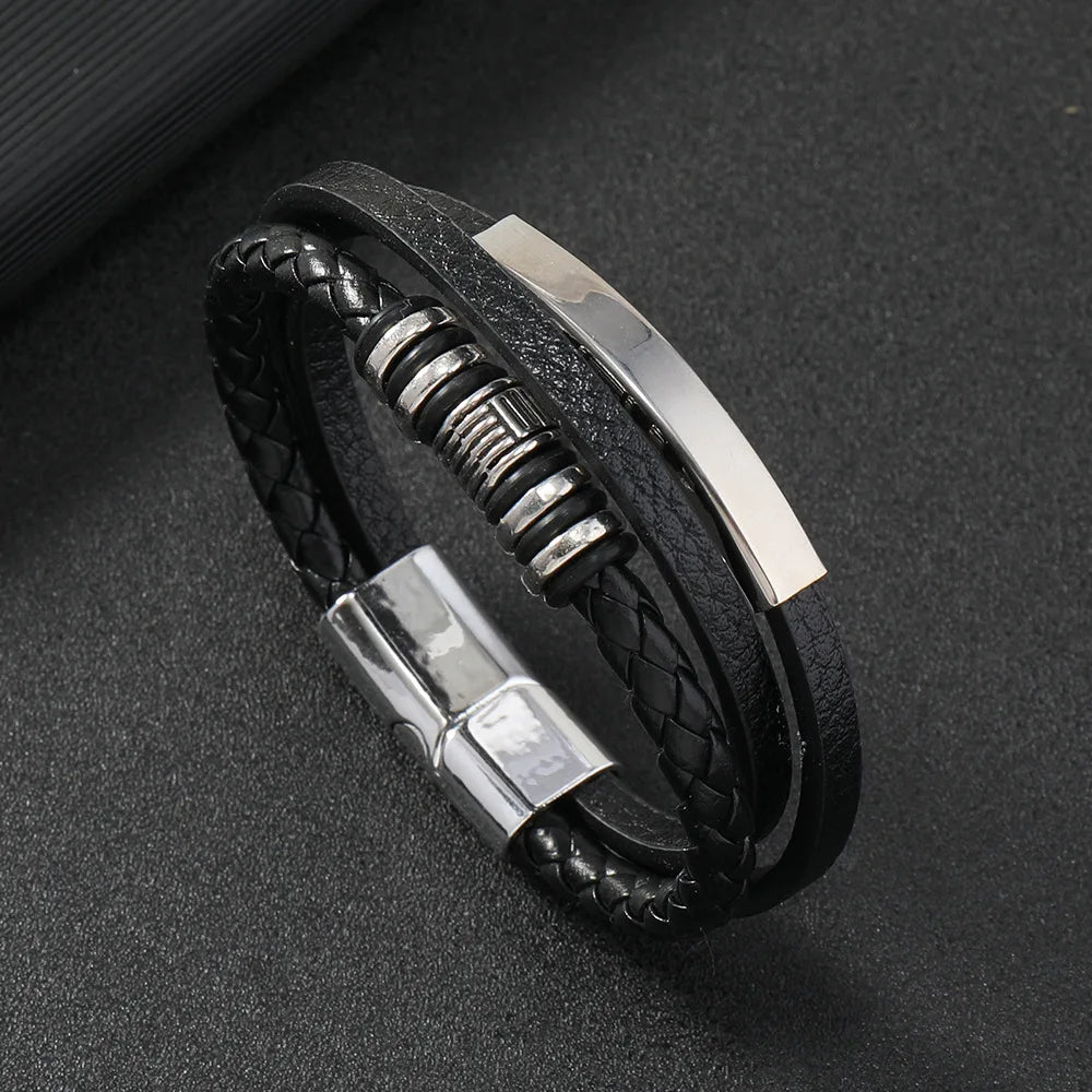 IFYOUOO Bracelet 21CM Multilayer Braided Rope Bracelets for Male Trendy Leather Bracelets For Men Stainless Steel Jewelry Gifts