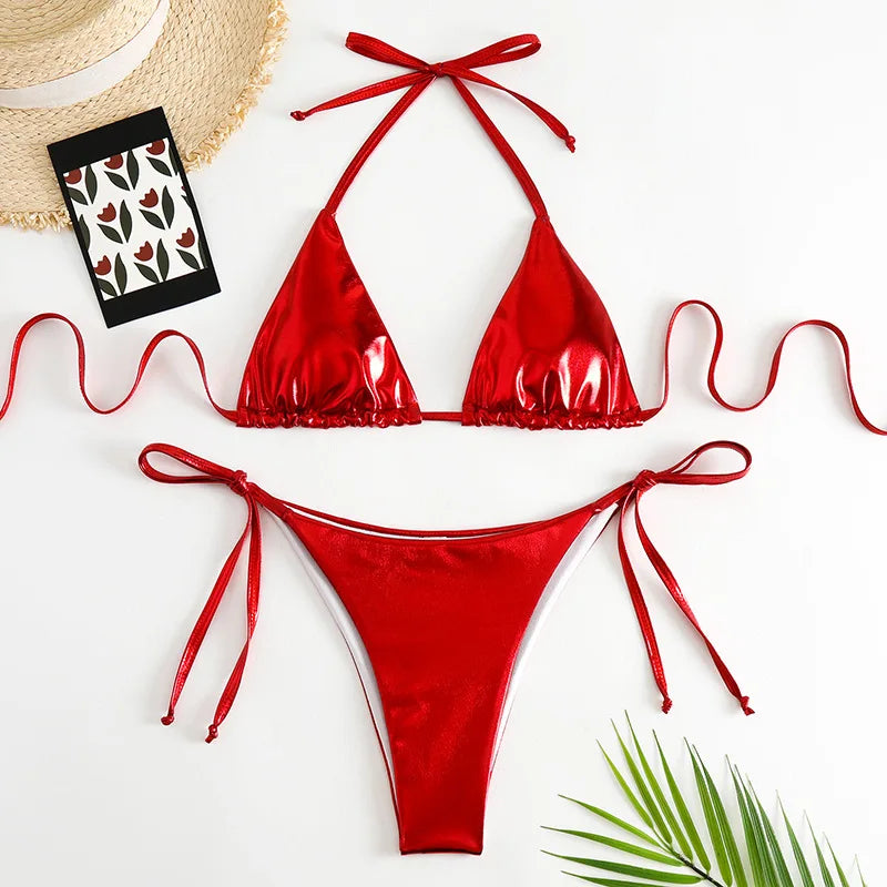 2026 PU Faux Leather Mini Micro Thong Bikini Women Swimwear Female Swimsuit Two-pieces Bikini set Bather Bathing Suit Swim K5280