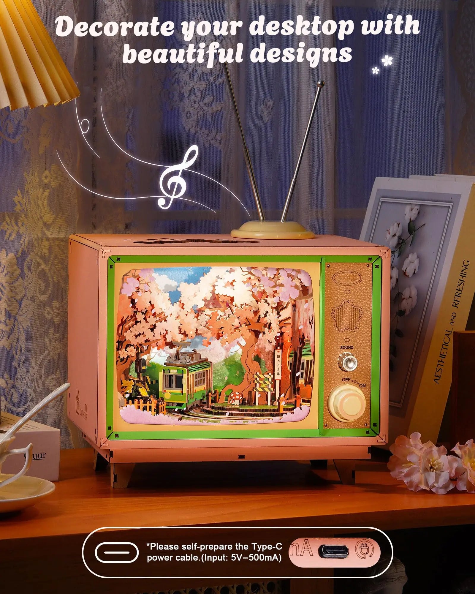 Robotime Rolife Sakura Dreamy Tour 3D Wooden Puzzle Music Box | LED Light & Moving Tram | Therapeutic DIY Gift for Teens & Adults
