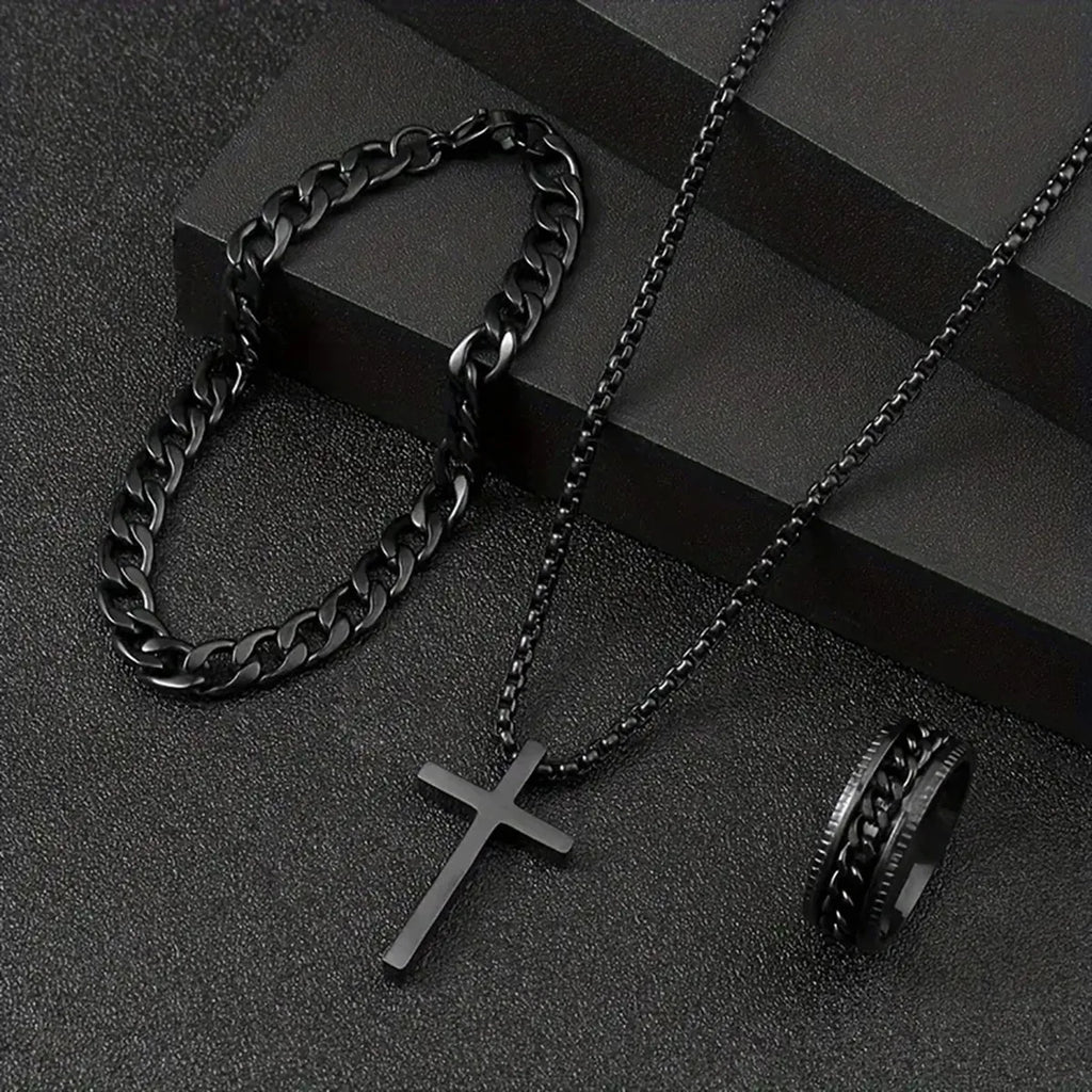 Hip Hop Fashion Cross Pendant Necklace Bracelet Chain Ring Men's Set Simple Personality Party Three Piece Jewelry Accessories
