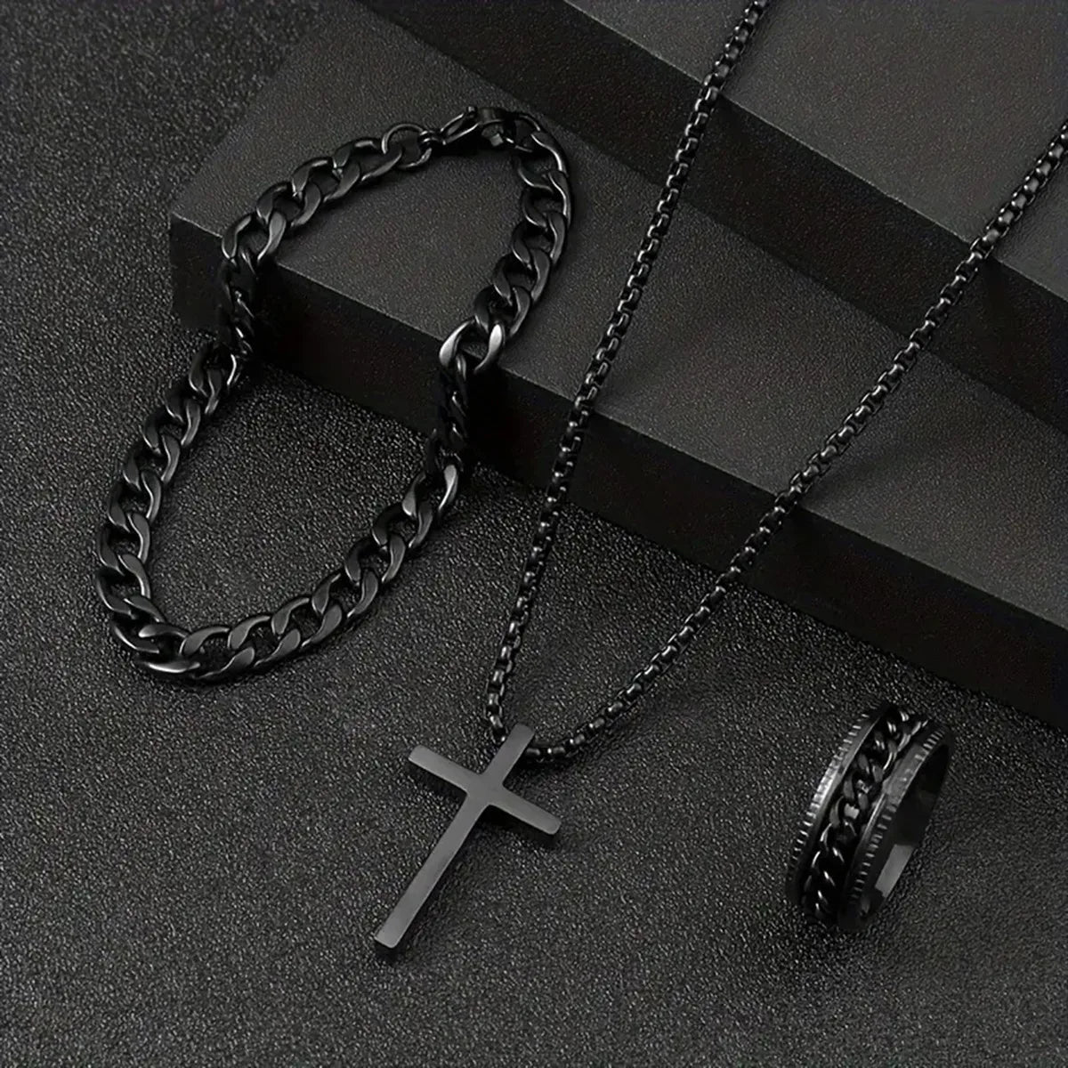 Hip Hop Fashion Cross Pendant Necklace Bracelet Chain Ring Men's Set Simple Personality Party Three Piece Jewelry Accessories