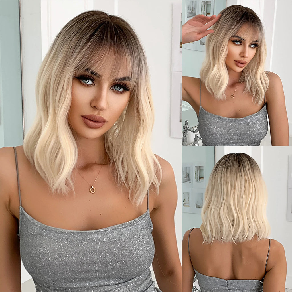 Sky Blue Short Bob Wigs for Women Synthetic Wavy Curly Wigs with Bangs Cosplay Halloween Blue Wig Natural Heat Resistant Hair
