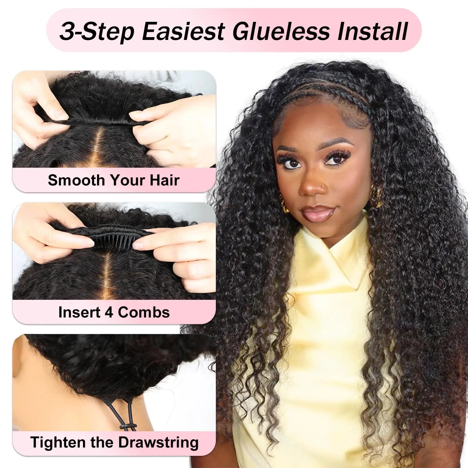 250% Density Deep Curly Half Wigs Human Hair Water Wave Wig Upgrade 3 IN 1 Half Wig With Drawstring Seamless Clip Ins Flip Over