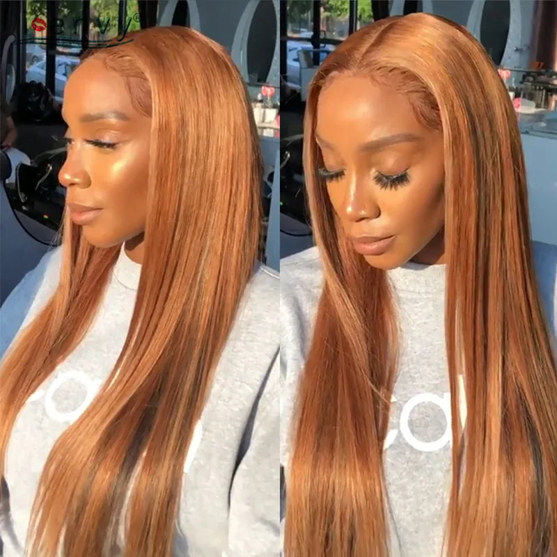 Ginger Blonde Lace Front Wigs Wear & Go 28inch Peruvian 13*1 Part Lace Front Human Hair Wig Remy 180% Colored Lace Wig Burgundy