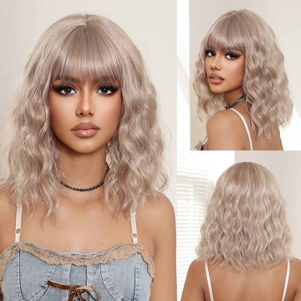Sky Blue Short Bob Wigs for Women Synthetic Wavy Curly Wigs with Bangs Cosplay Halloween Blue Wig Natural Heat Resistant Hair