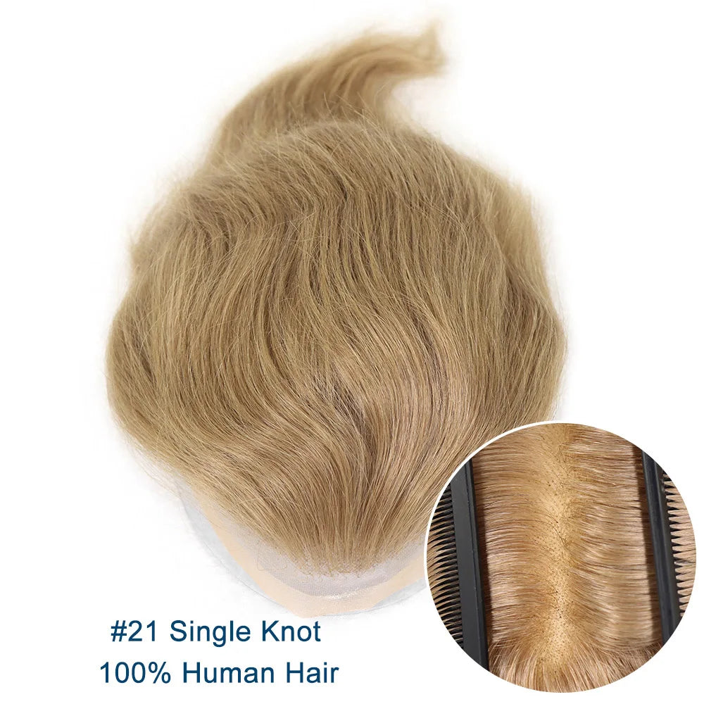 Human Hair Prosthesis for Men Toupee Breathable Lace Front with PU Mens Wig Replacement System Blonde Hairpiece 8x10inch