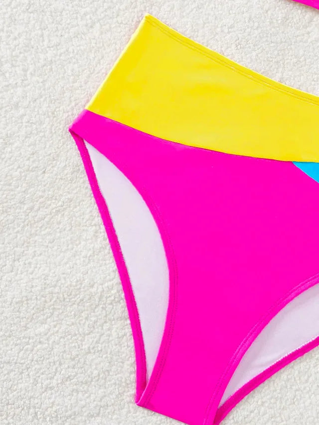Pink Contrast Push-Up Cross Bikini – Women's Two-Piece Patchwork Swimsuit