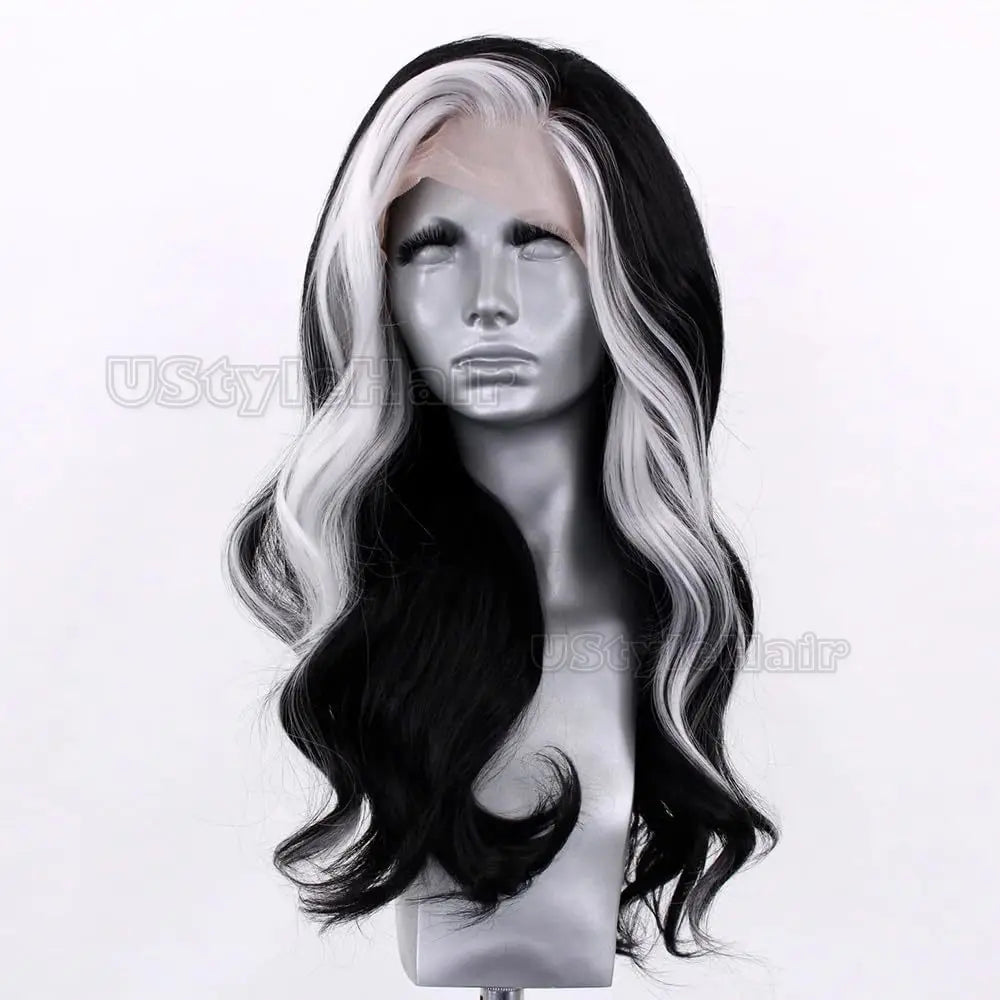 Black Wig with White Highlights Long Body Wave Wig 13x4 Lace Front Wigs for Women Synthetic Hair Glueless Natural Hairline Wigs