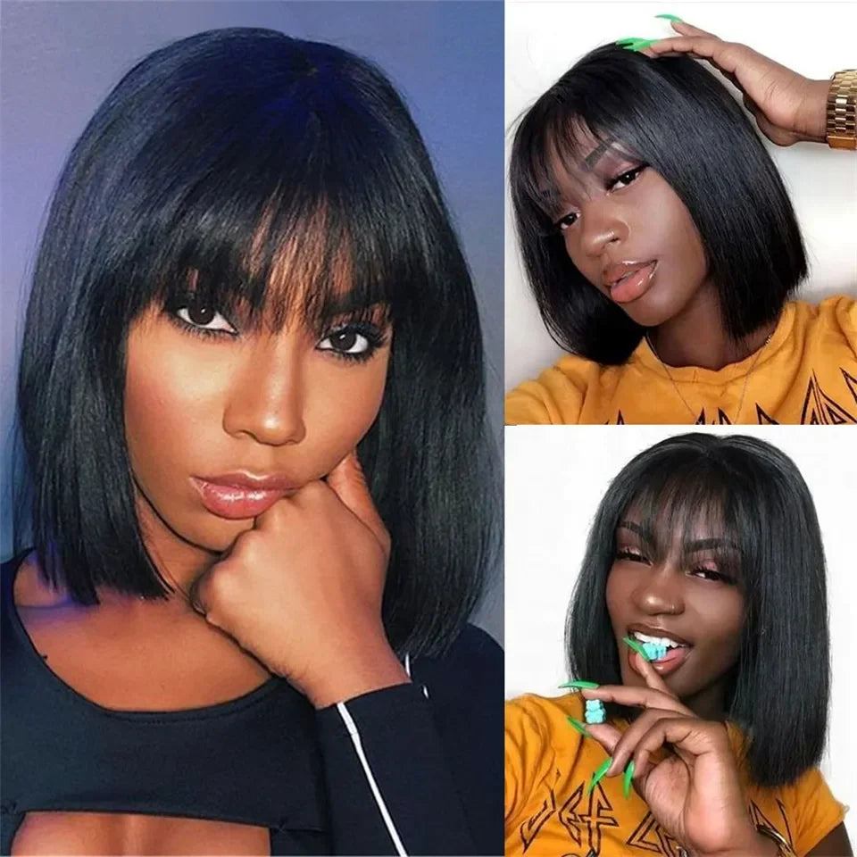 12A Malaysia Short Bob Wig With Bang Straight Bob Wig 100% Human Hair Wig Virgin Full Machine Made Wig For Women Cheap Bob Wigs