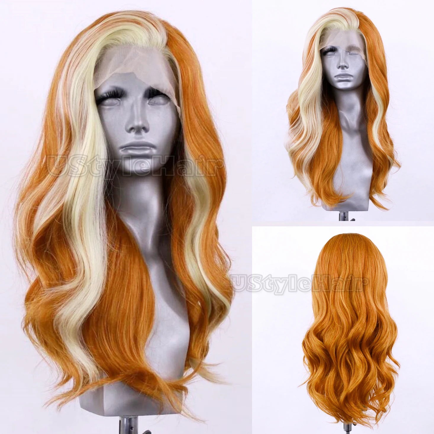 Black Wig with White Highlights Long Body Wave Wig 13x4 Lace Front Wigs for Women Synthetic Hair Glueless Natural Hairline Wigs