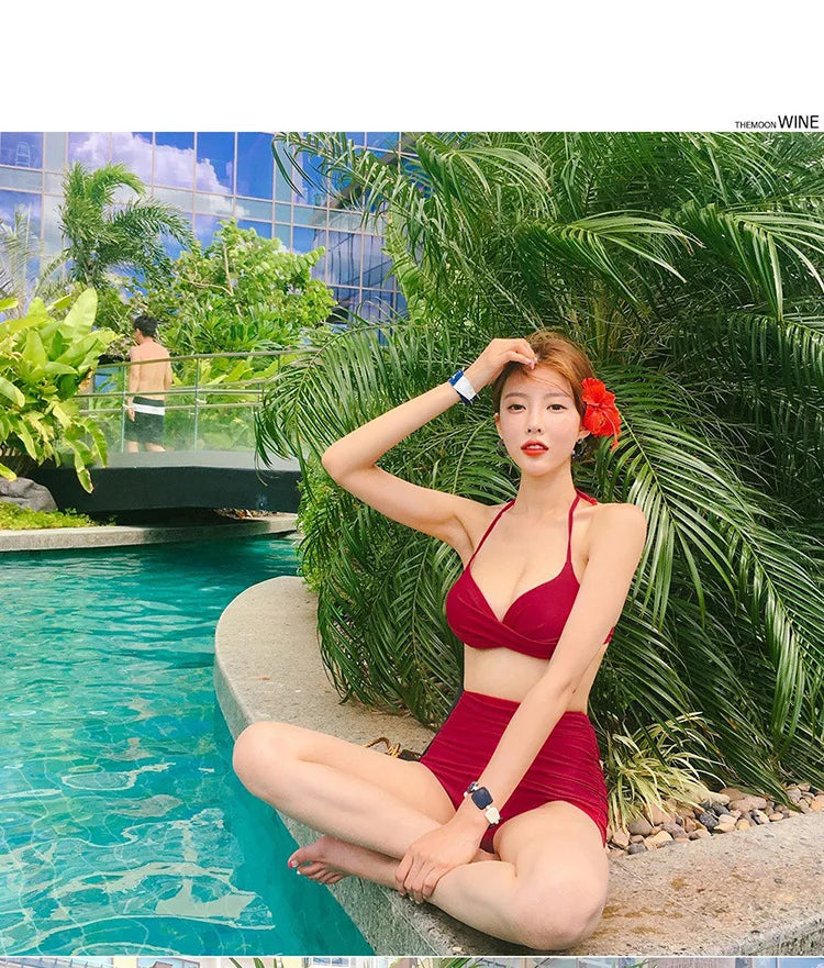 2024 Women's Swimwear Female Swimsuit Red Padded Triangle Bathing Suits Girls Korean High Waisted Bikini Set Beach Wear Swim