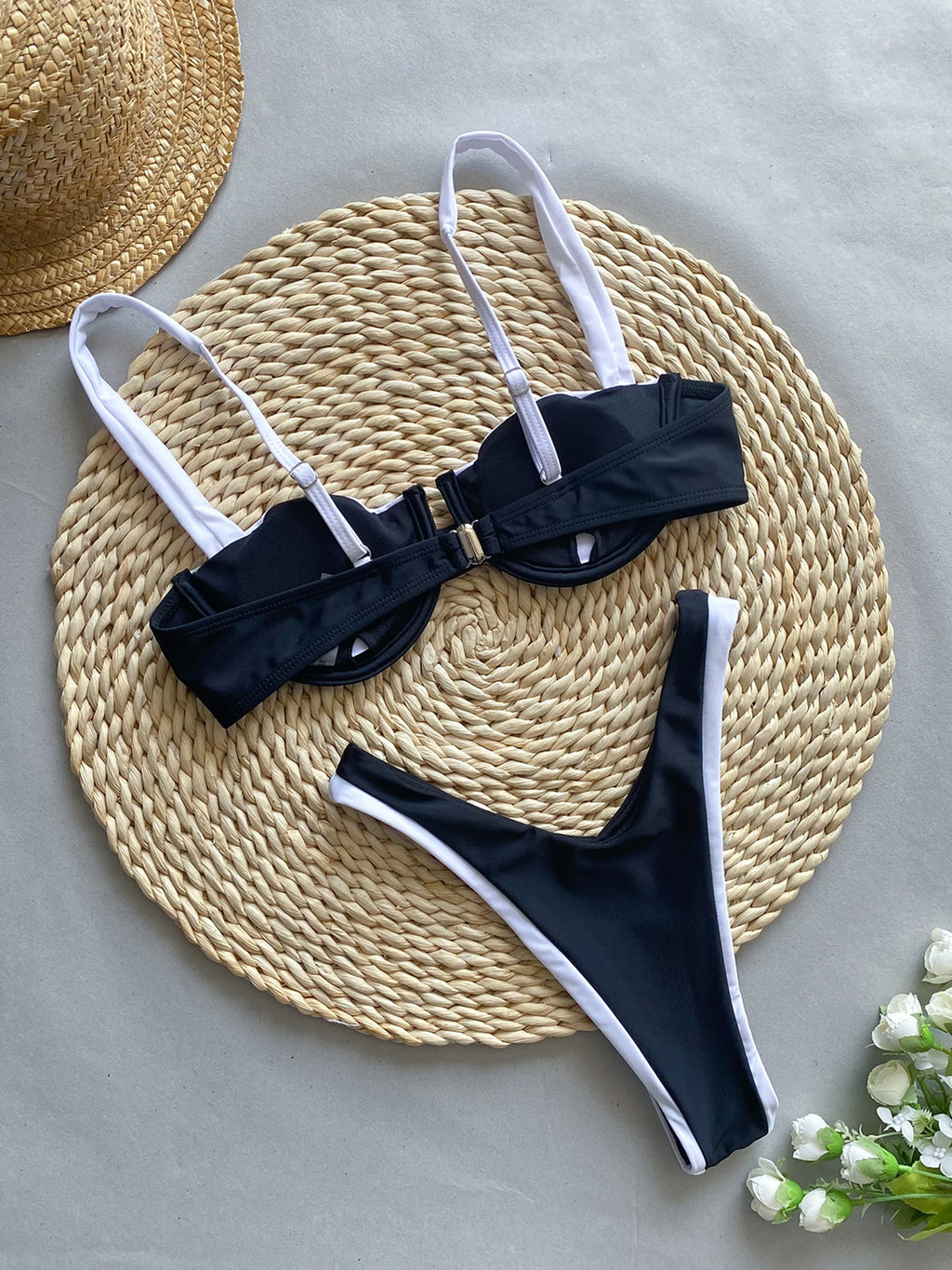 Black & White Patchwork Push-Up Bikini – Women's Two-Piece Swimsuit