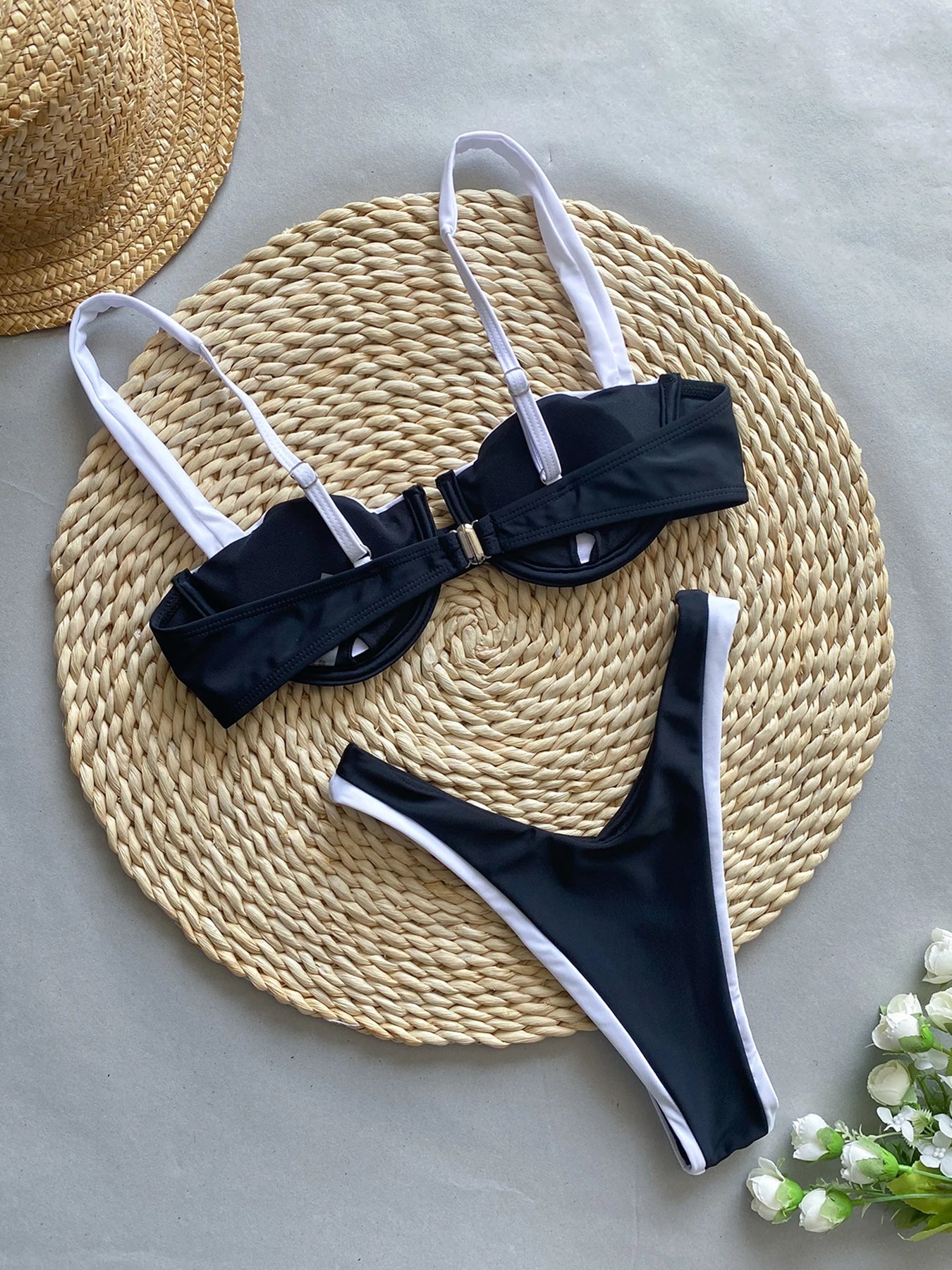 Black & White Patchwork Push-Up Bikini – Women's Two-Piece Swimsuit