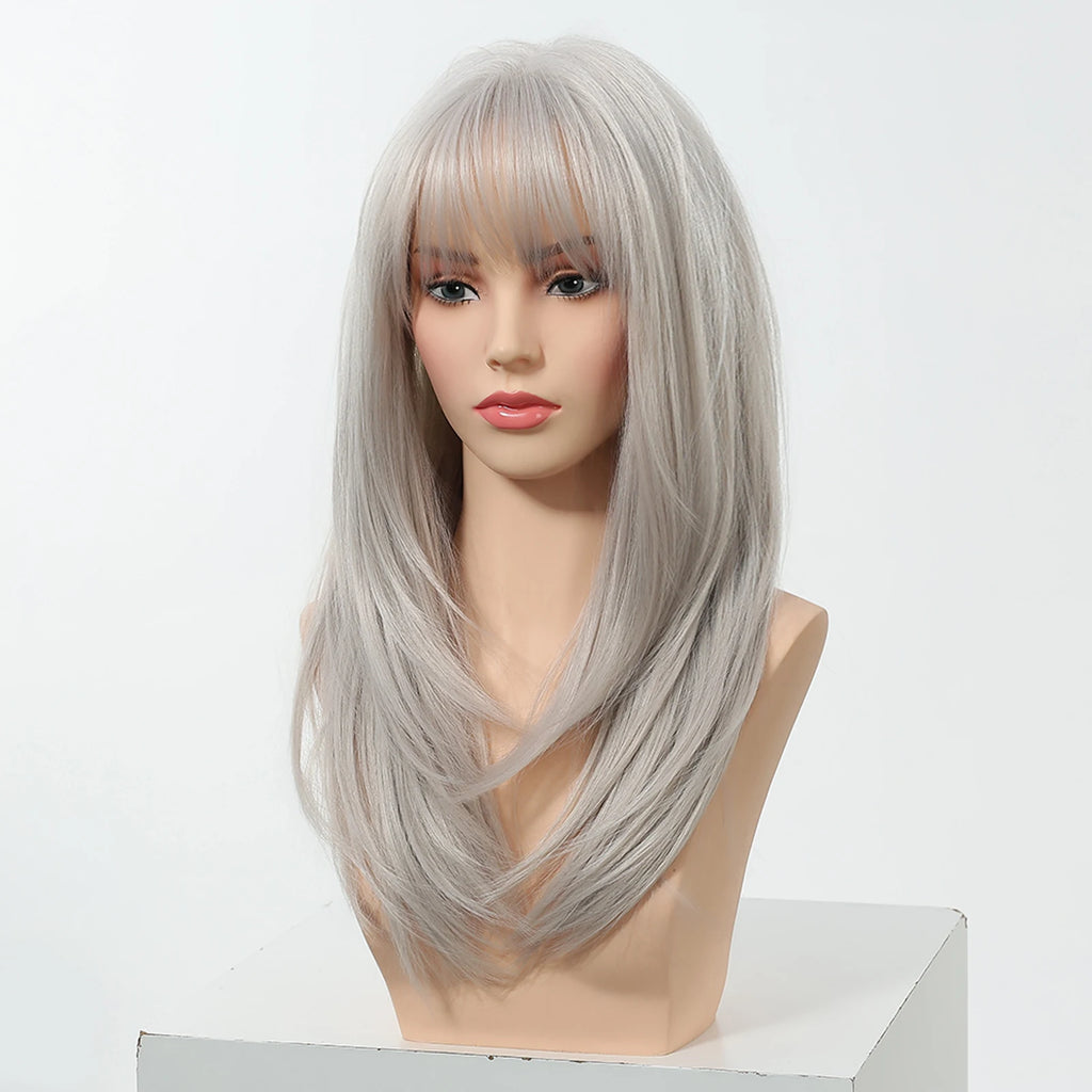 EASIHAIR Long Straight Gray White Synthetic Layered Wig with Bangs for Women Girls Natural Hair Cosplay Party Wig Heat Resistant