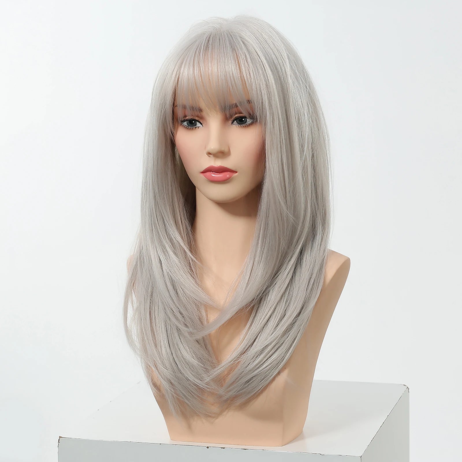 EASIHAIR Long Straight Gray White Synthetic Layered Wig with Bangs for Women Girls Natural Hair Cosplay Party Wig Heat Resistant