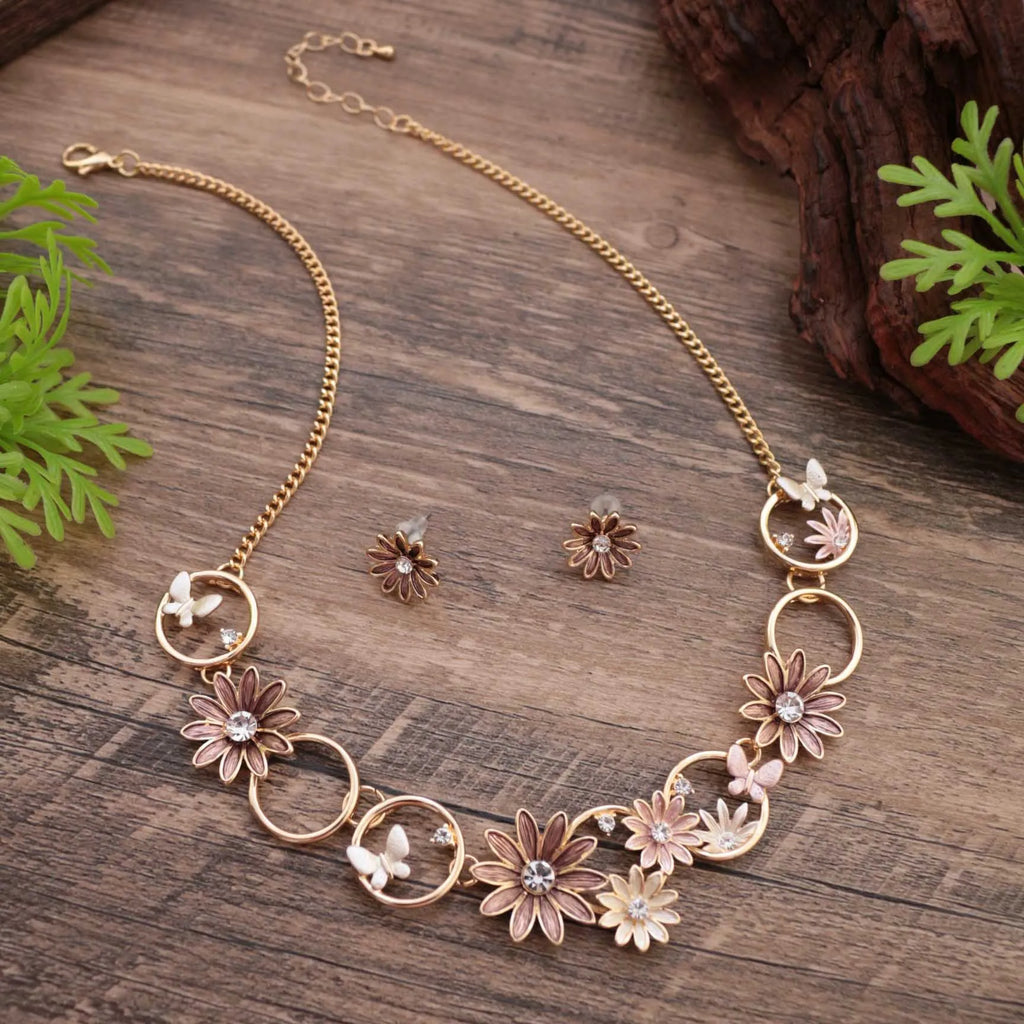 Enamel Daisy Stud Earrings & Necklace Set – Diamond Flower High-End Women's Jewelry