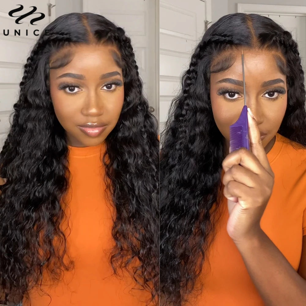 UNice 7x5 & 13x4 Lace Water Wave Human Hair Wig With Drawstring & Baby Hair Pre Cut Pre Bleached Glueless Wig
