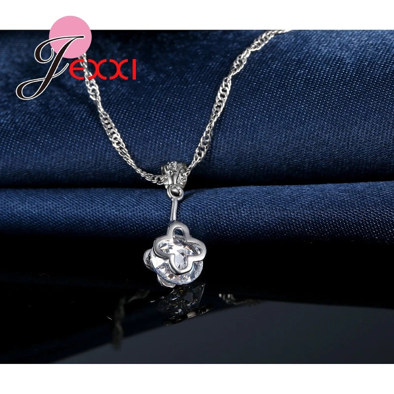 925 Sterling Silver Wedding Jewelry Set – Austrian Crystal Hollow Necklace & Dangle Earrings
