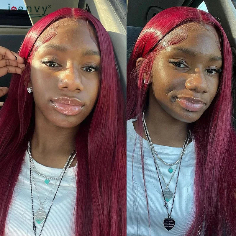 Ginger Blonde Lace Front Wigs Wear & Go 28inch Peruvian 13*1 Part Lace Front Human Hair Wig Remy 180% Colored Lace Wig Burgundy