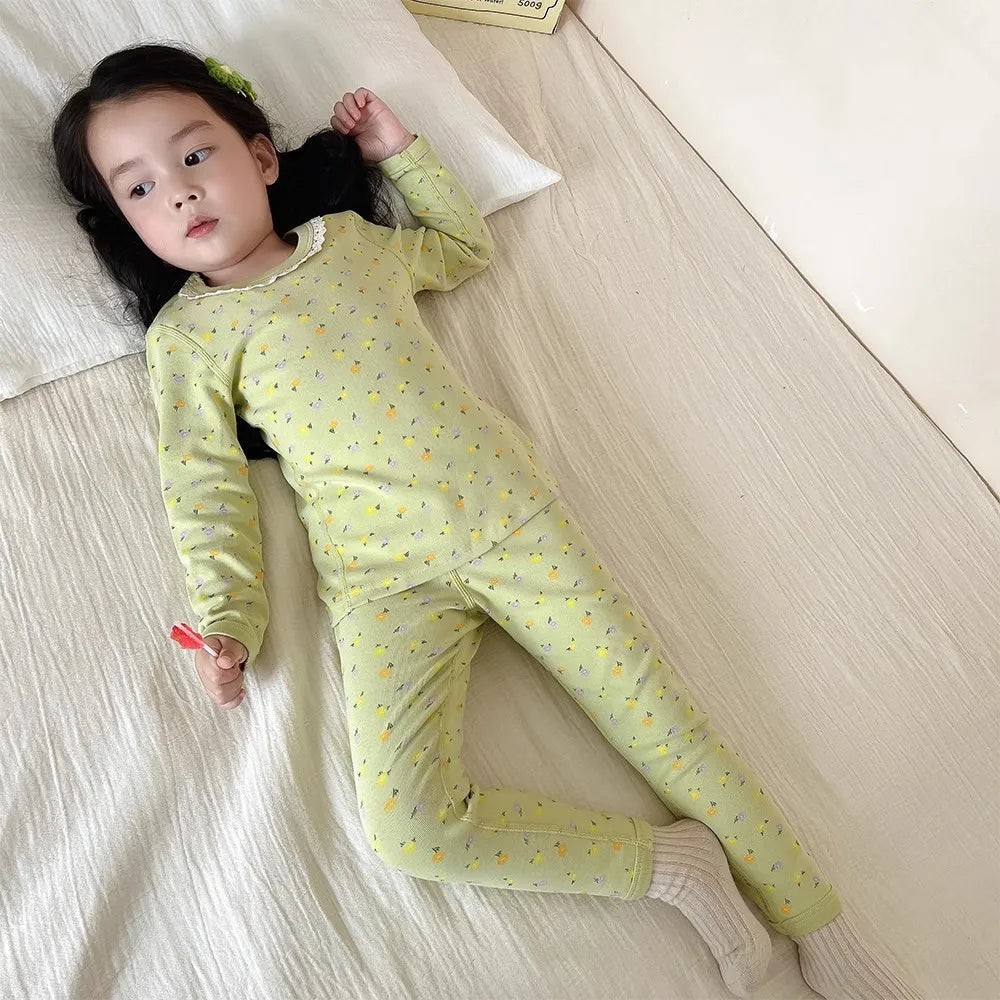 Girls' Floral Pajama Set – Soft Warm 2-Piece Spring & Autumn Baby Sleepwear